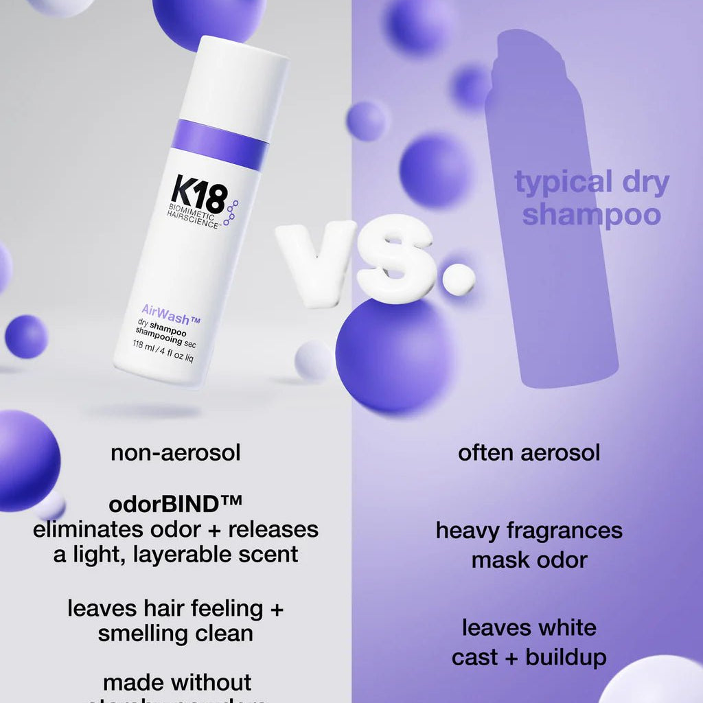 Comparison of K18 AirWash Dry Shampoo vs. Typical Dry Shampoo showcasing the benefits of K18 Hair Repair: non-aerosol, odor elimination with odorBIND™ biotechnology, lightweight feel, no white cast, starch-free, and effective up to 3 days for optimal scalp health.