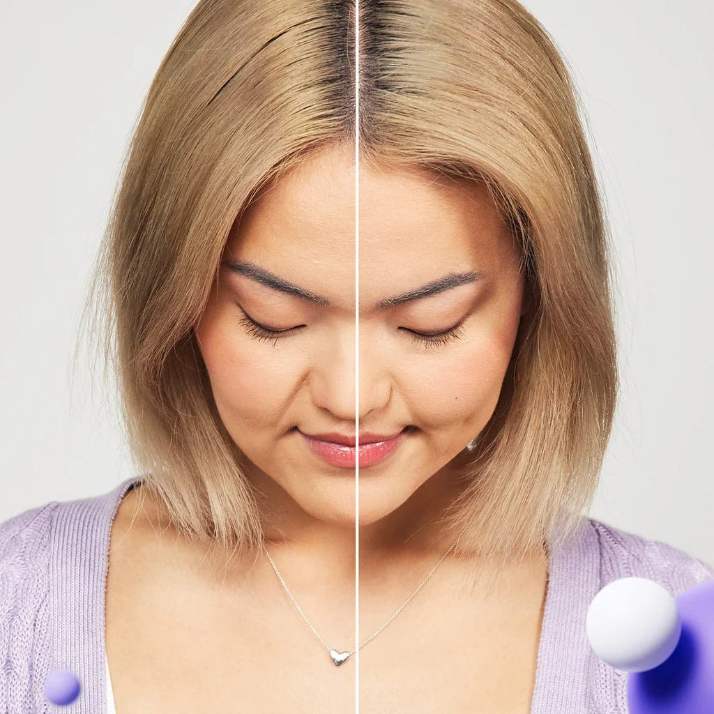 Side-by-side comparison of a woman's hair before and after using K18 AirWash Dry Shampoo by K18 Hair Repair, featuring advanced odorBIND™ biotechnology, demonstrating a remarkable improvement in cleanliness and hairstyle.