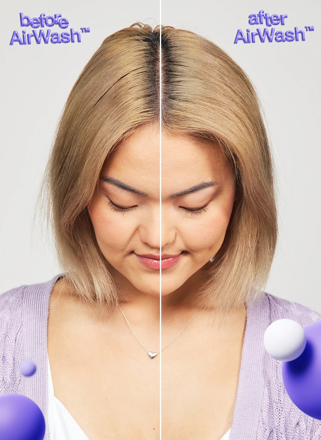 Side-by-side comparison of a woman's hair before and after using K18 AirWash Dry Shampoo by K18 Hair Repair, featuring advanced odorBIND™ biotechnology, demonstrating a remarkable improvement in cleanliness and hairstyle.