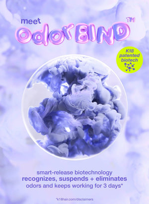 A promotional image for K18 AirWash Dry Shampoo by K18 Hair Repair featuring purple swirling liquid, highlighting its non-aerosol, smart-release biotechnology that eliminates odors and works for 3 days.