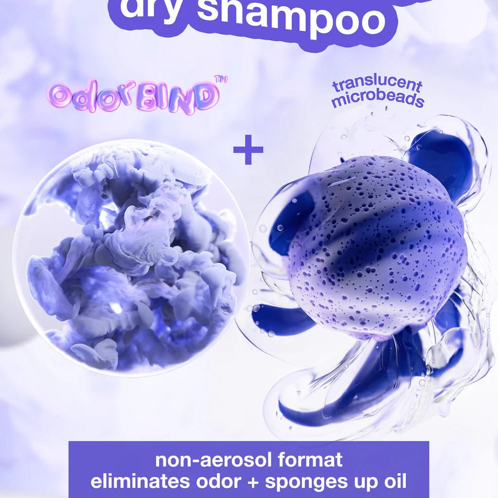 Image displaying marketing content for K18 Hair Repair's K18 AirWash Dry Shampoo showcasing its cutting-edge OdorBIND™ technology and translucent microbeads. Text emphasizes its numerous benefits: neutralizes odor, absorbs oil, supports scalp health, and leaves no white cast or residue.