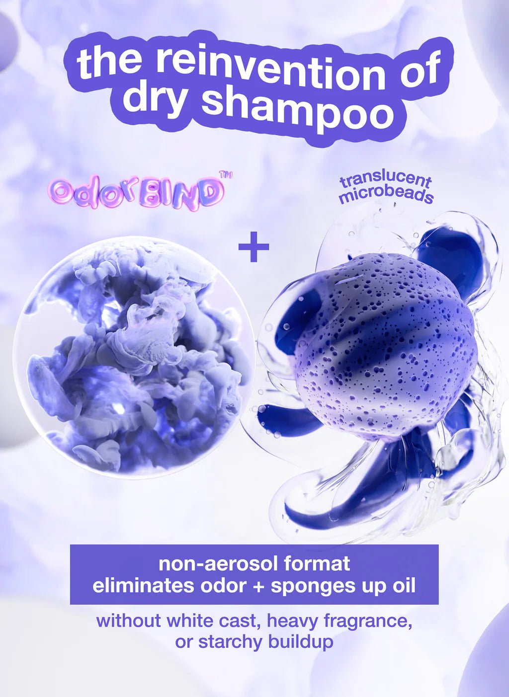 Image displaying marketing content for K18 Hair Repair's K18 AirWash Dry Shampoo showcasing its cutting-edge OdorBIND™ technology and translucent microbeads. Text emphasizes its numerous benefits: neutralizes odor, absorbs oil, supports scalp health, and leaves no white cast or residue.