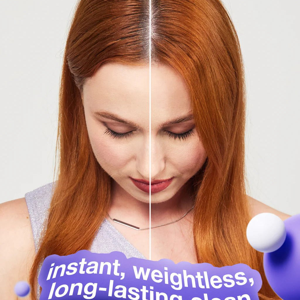 A woman with long red hair is depicted in a split-image comparison. The left side is labeled "before K18 AirWash Dry Shampoo," and the right "after K18 AirWash Dry Shampoo with odorBIND™ biotechnology." The text at the bottom reads, "instant, weightless, long-lasting clean by K18 Hair Repair.