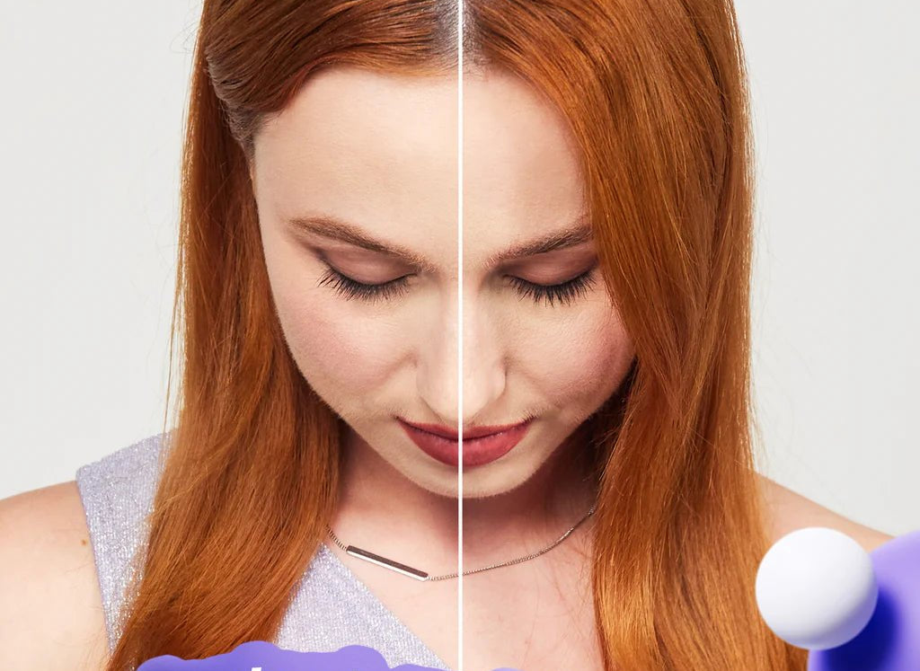 A woman with long red hair is depicted in a split-image comparison. The left side is labeled "before K18 AirWash Dry Shampoo," and the right "after K18 AirWash Dry Shampoo with odorBIND™ biotechnology." The text at the bottom reads, "instant, weightless, long-lasting clean by K18 Hair Repair.