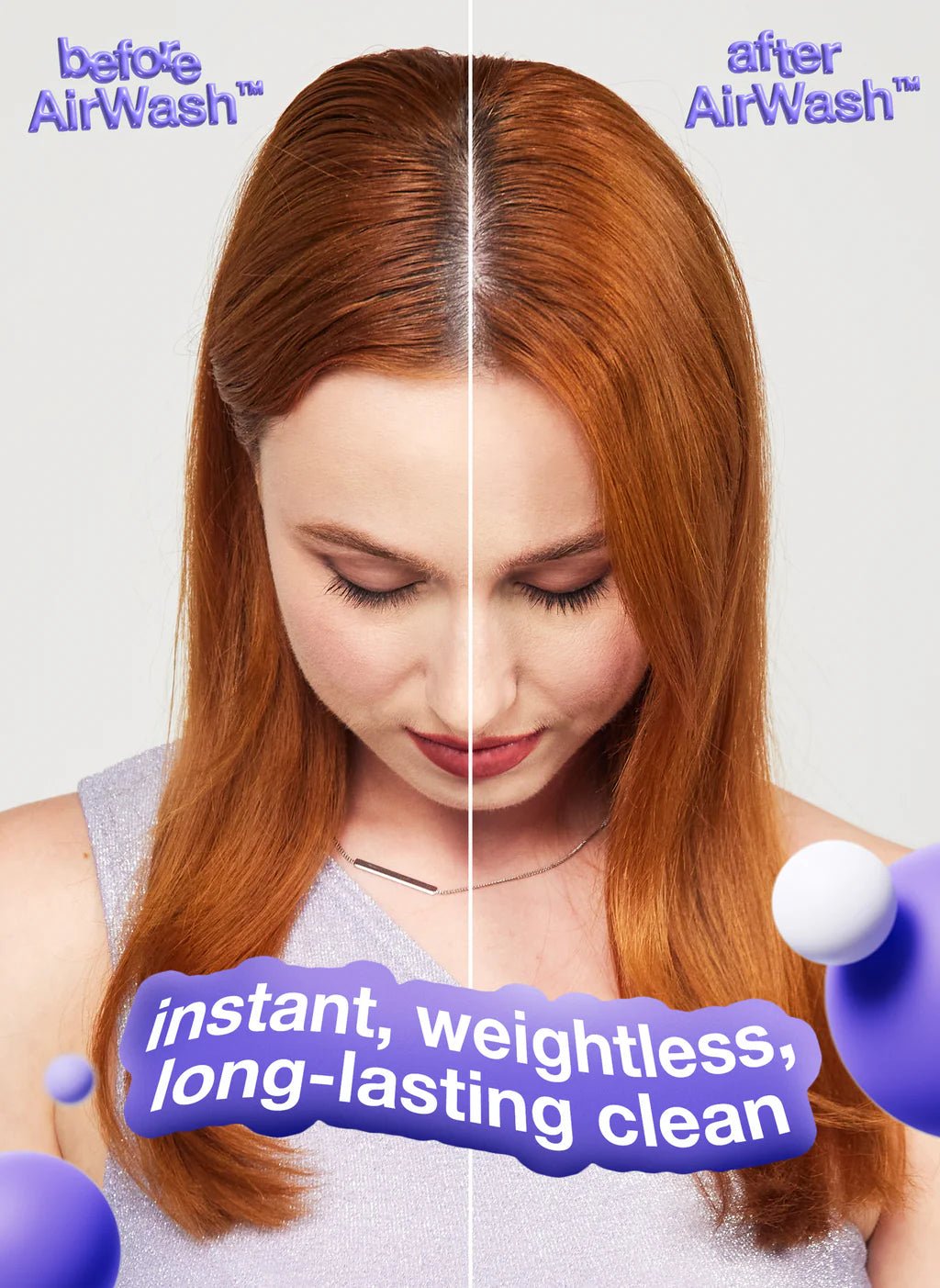 A woman with long red hair is depicted in a split-image comparison. The left side is labeled "before K18 AirWash Dry Shampoo," and the right "after K18 AirWash Dry Shampoo with odorBIND™ biotechnology." The text at the bottom reads, "instant, weightless, long-lasting clean by K18 Hair Repair.