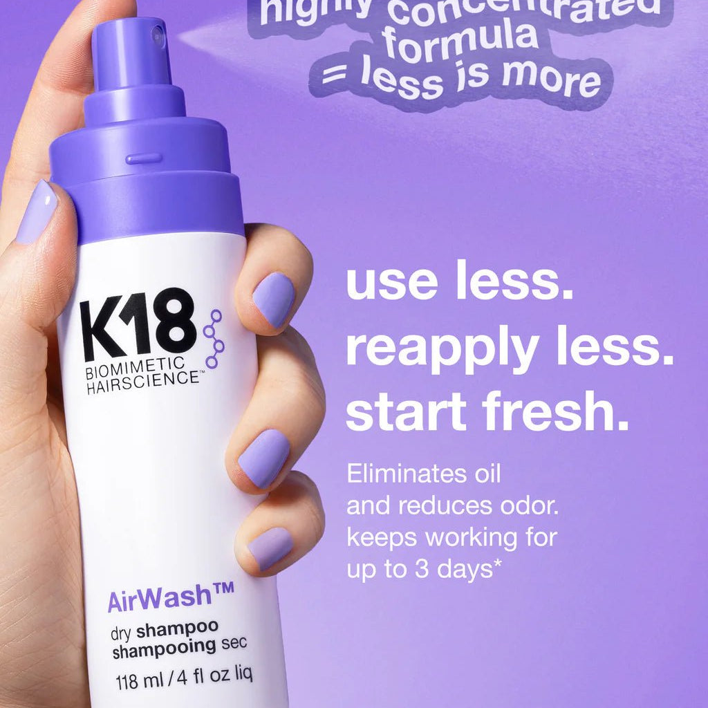 A hand with painted nails holds a bottle of K18 AirWash Dry Shampoo from K18 Hair Repair against a purple background. The text highlights its high concentration, indicating that less usage is needed, and features such as eliminating oil, reducing odor with innovative odorBIND™ biotechnology, and promoting scalp health.