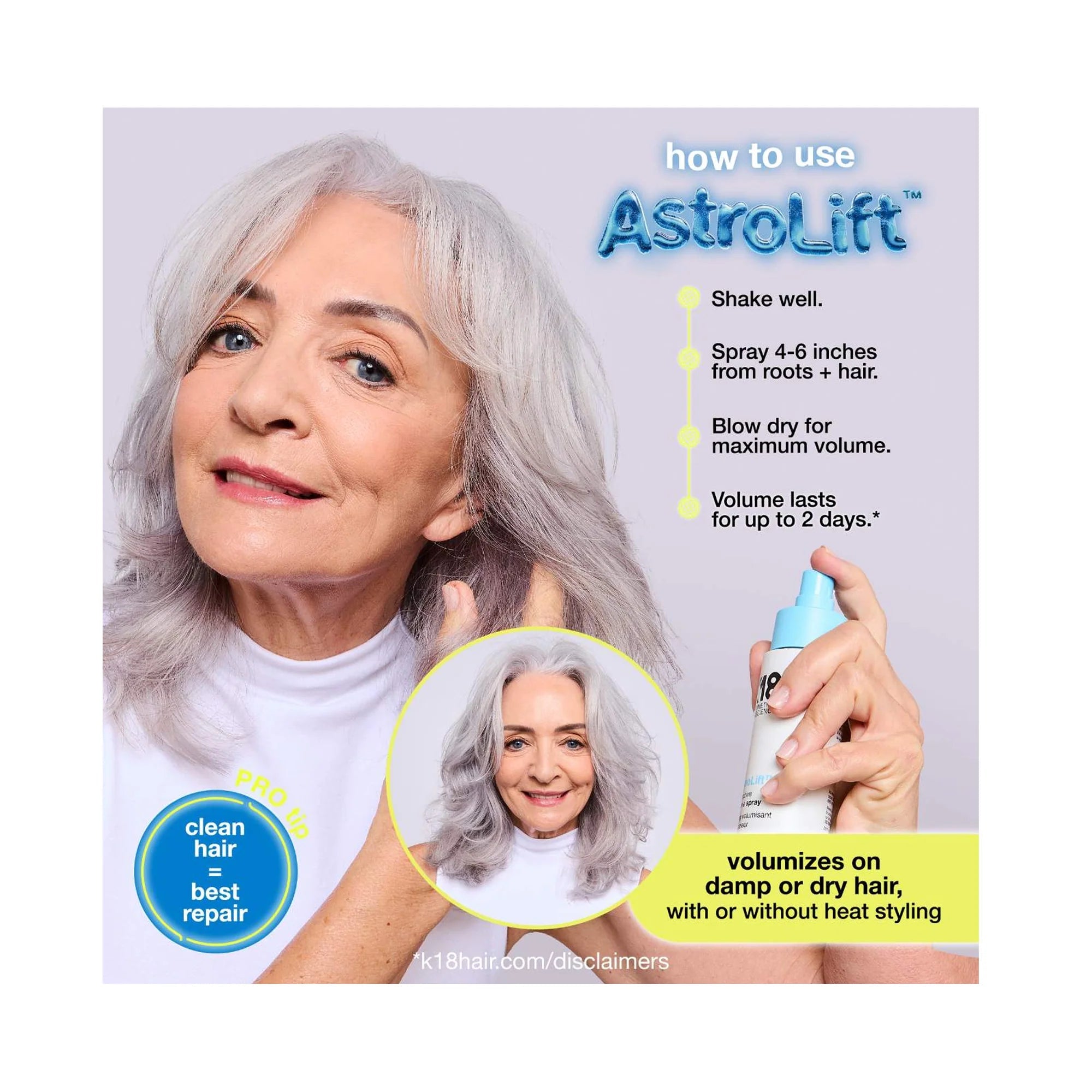 Advertisement for AstroLift hair product showing a woman with gray hair and product usage instructions.