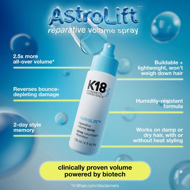 K18 AstroLift reparative volume spray bottle with product features on a blue background