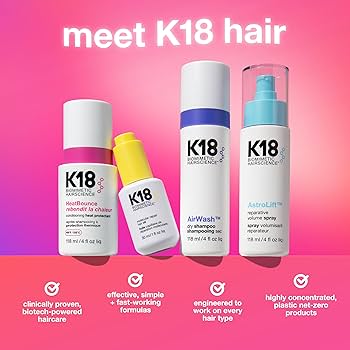 K18 hair care products on a pink gradient background