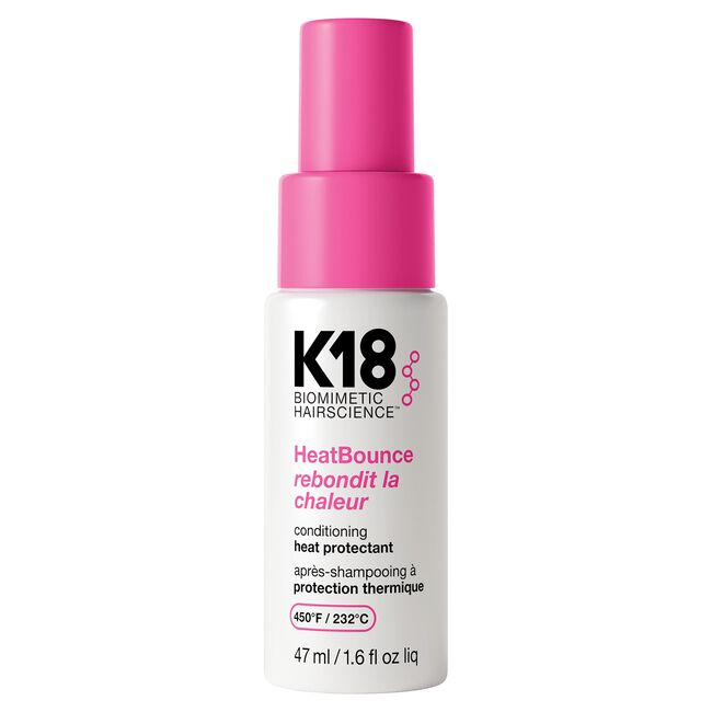K18 HeatBounce hair product bottle with pink cap on a white background