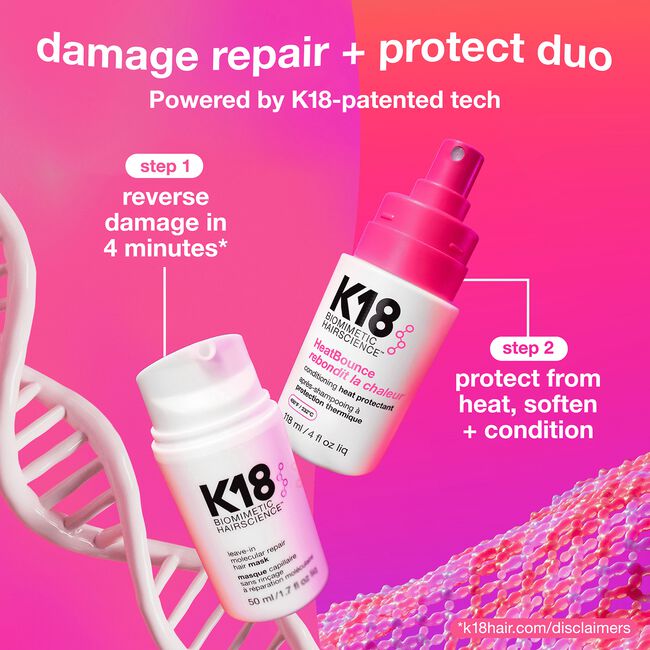 K18 hair care products on a pink background with text about damage repair and protection.