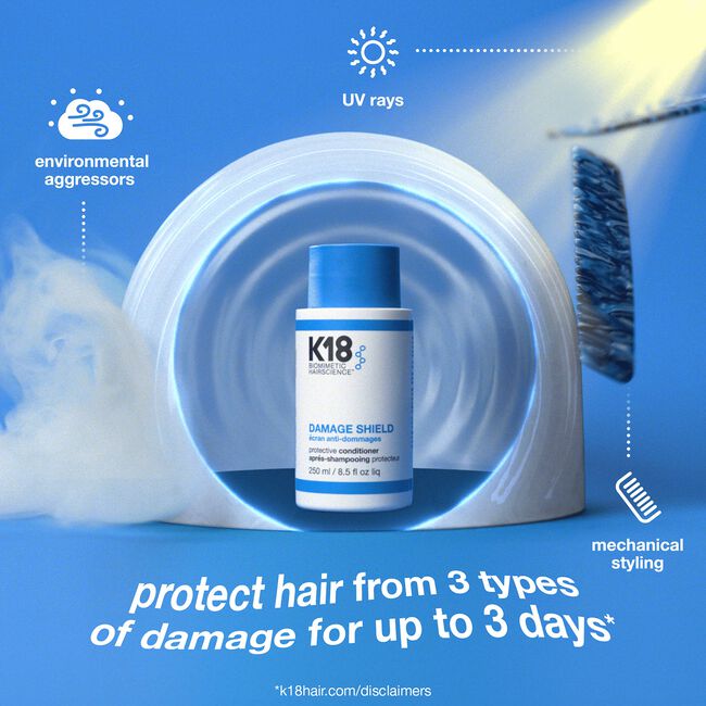 K18 Damage Shield hair care product with text on a blue background