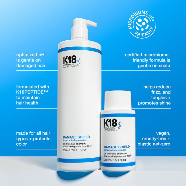 K18 Damage Shield shampoo bottles on a blue background with product features highlighted.
