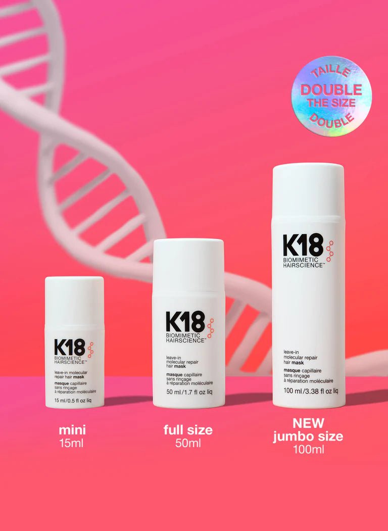 K18 hair care product bottles in mini, full size, and jumbo size on a pink background with a DNA strand.