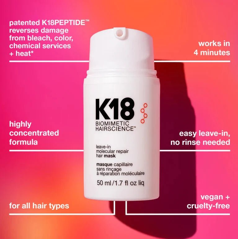 K18 biomimetic hair mask bottle with product features on a colorful background