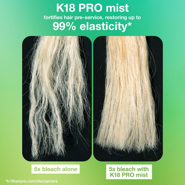 Comparison of hair elasticity before and after using K18 PRO mist on bleached hair.