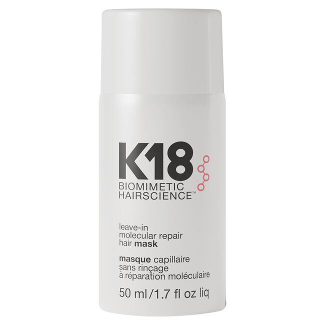 K18 biomimetic hairscience leave-in molecular repair hair mask container on a white background