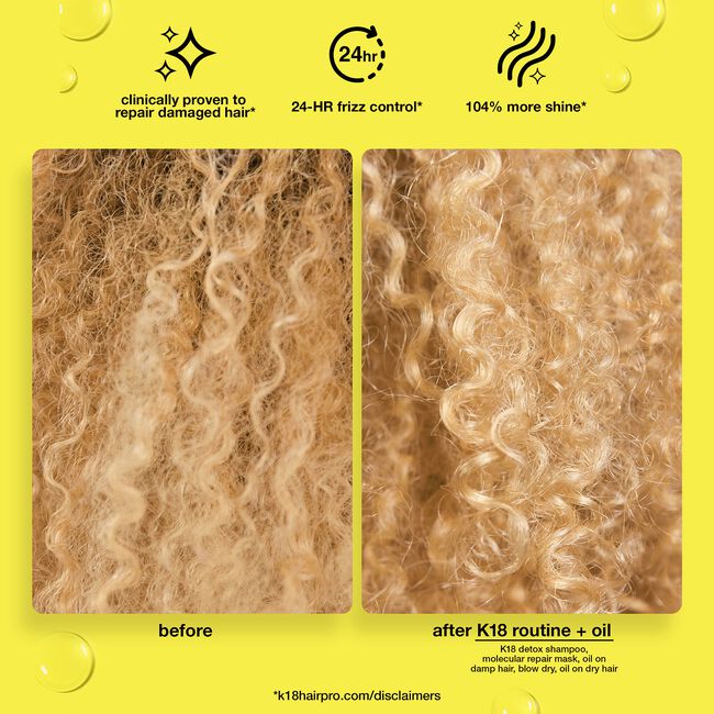 Before and after comparison of hair texture with K18 product on a yellow background