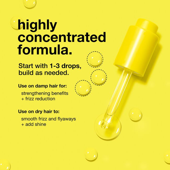 Yellow dropper bottle with hair care product on a yellow background