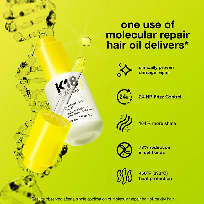 K18 Molecular Repair hair oil bottle with features on a green background