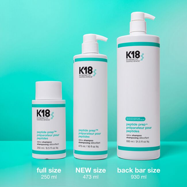 Three K18 hair care product bottles on a teal background