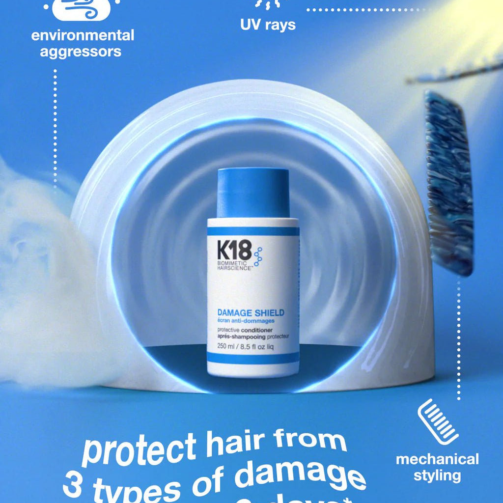 A bottle from the K18 Shield + Smooth Routine Set by K18 Hair Repair is displayed within a translucent tunnel, emphasizing its defense against environmental aggressors, UV rays, and mechanical styling. The text reads "protect hair from 3 types of damage for up to 3 days," providing exceptional frizz control.