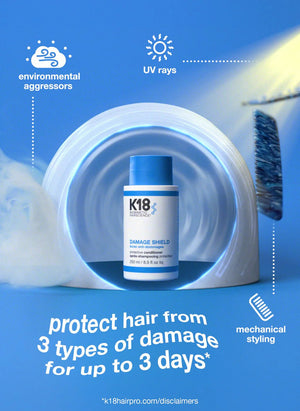 The K18 Hair Repair Shield + Smooth Routine Set is shown, with text highlighting up to 3 days of protection against environmental aggressors, UV rays, frizz, and mechanical styling.