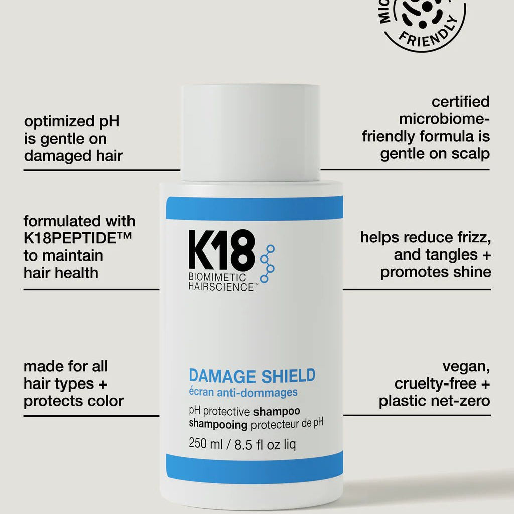 The K18 Shield + Smooth Routine Set by K18 Hair Repair features a bottle of pH protective shampoo that is microbiome-friendly, formulated with K18PEPTIDE, reduces frizz, adds shine, and offers vegan and cruelty-free hair protection.