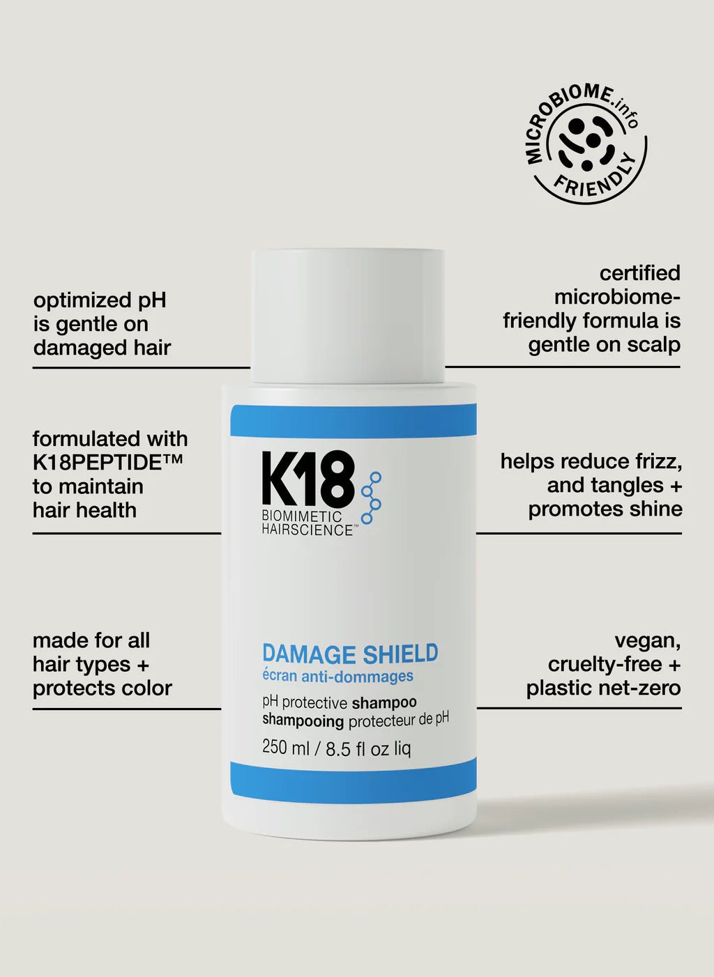 The K18 Shield + Smooth Routine Set by K18 Hair Repair features a bottle of pH protective shampoo that is microbiome-friendly, formulated with K18PEPTIDE, reduces frizz, adds shine, and offers vegan and cruelty-free hair protection.