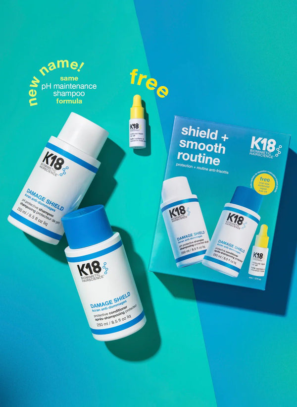 K18 Hair Repair Shield + Smooth Routine Set includes shampoo, conditioner, packaging box, and a free leave-in mask on a turquoise background. Features advanced hair protection, lasting frizz control, a new name, and free product offer.