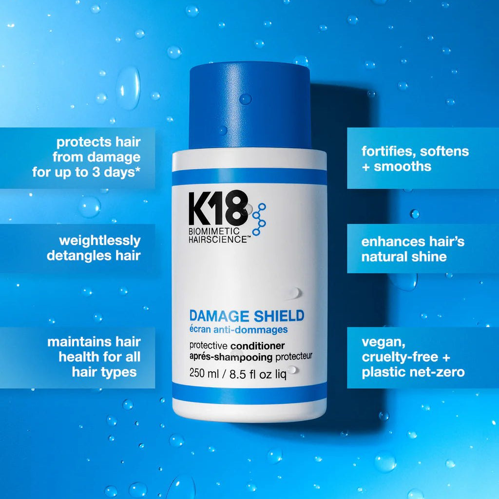 Image of the K18 Shield + Smooth Routine Set conditioner bottle on a blue background with water droplets. Text highlights key benefits: hair protection, frizz control, fortification, detangling, enhanced shine, health maintenance, vegan formula, cruelty-free ingredients, plastic net-zero initiative.