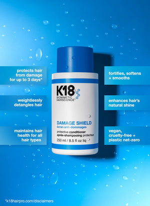 A K18 Shield + Smooth Routine Set by K18 Hair Repair stands upright on a blue background with water droplets, surrounded by text boxes highlighting benefits like frizz control and hair protection.