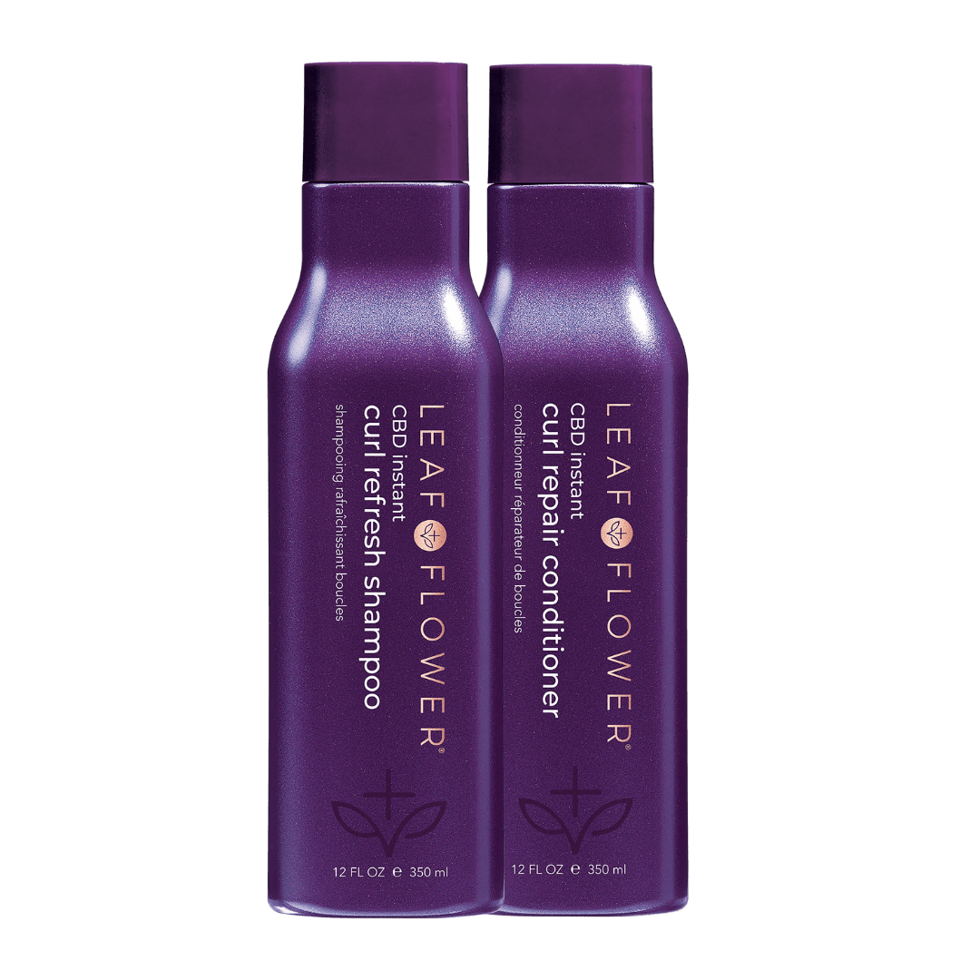The Leaf and Flower Instant Curl Repair Shampoo and Conditioner Duo, each 12 fl oz (350 ml), stands side by side—your essentials for defined curls and frizz prevention.