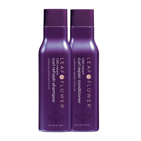 The Leaf and Flower Instant Curl Repair Shampoo and Conditioner Duo, each 12 fl oz (350 ml), stands side by side—your essentials for defined curls and frizz prevention.