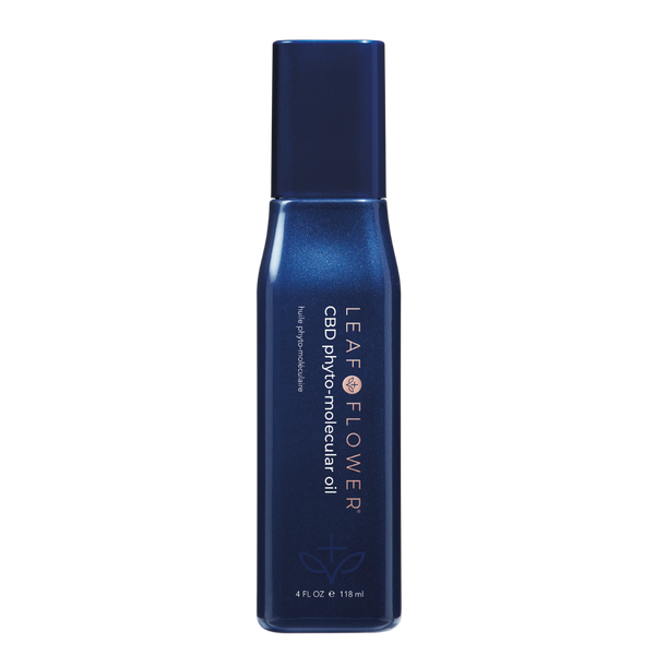 A blue 4 fl oz (118 ml) bottle labeled "LEAF and FLOWER Phyto-Molecular Oil" from Leaf and Flower stands upright against a white background.