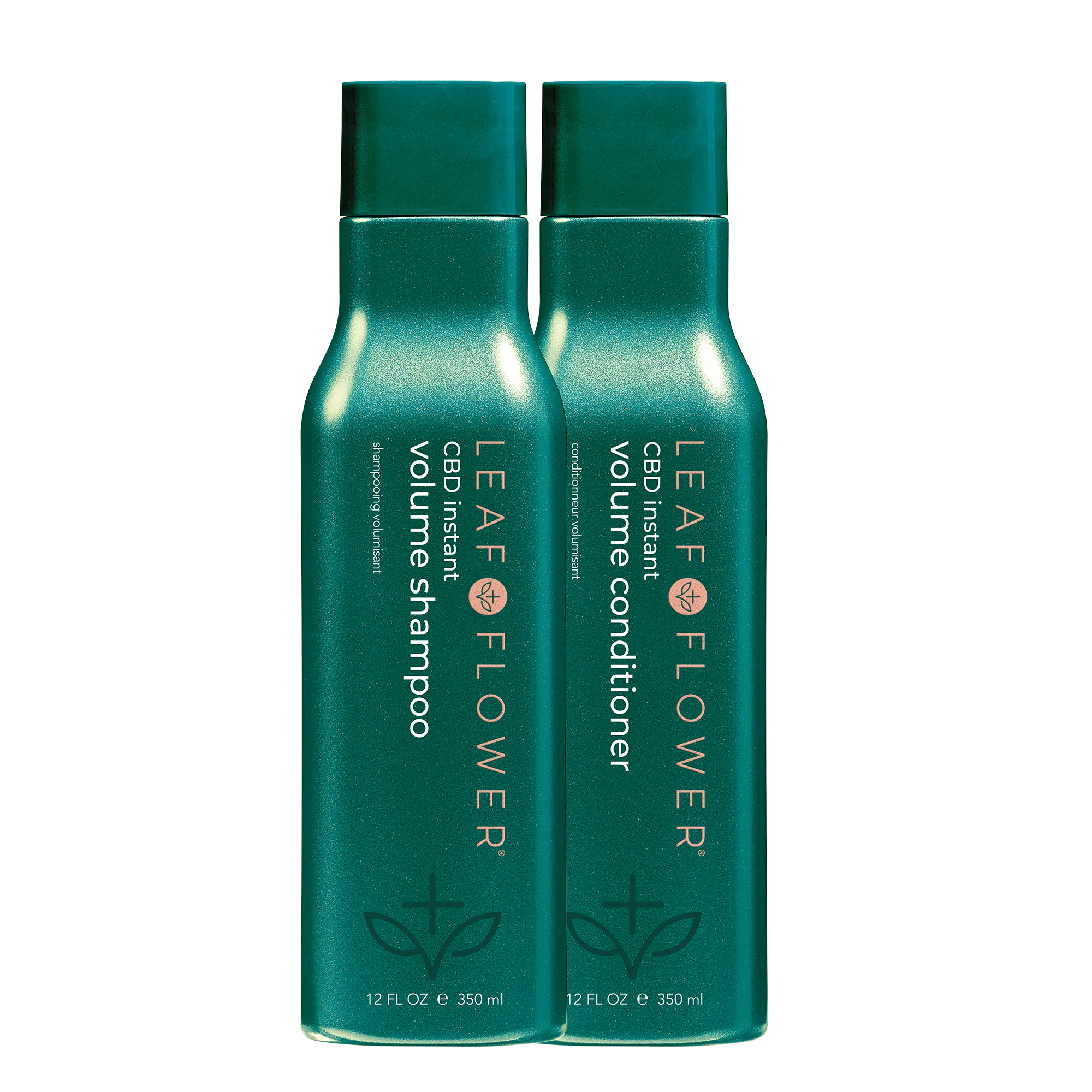 A bottle of LEAF and FLOWER Instant Volume Shampoo and Conditioner Duo for hair volume and a bottle of LEAF and FLOWER Instant Volume Shampoo and Conditioner Duo for a thicker appearance.
