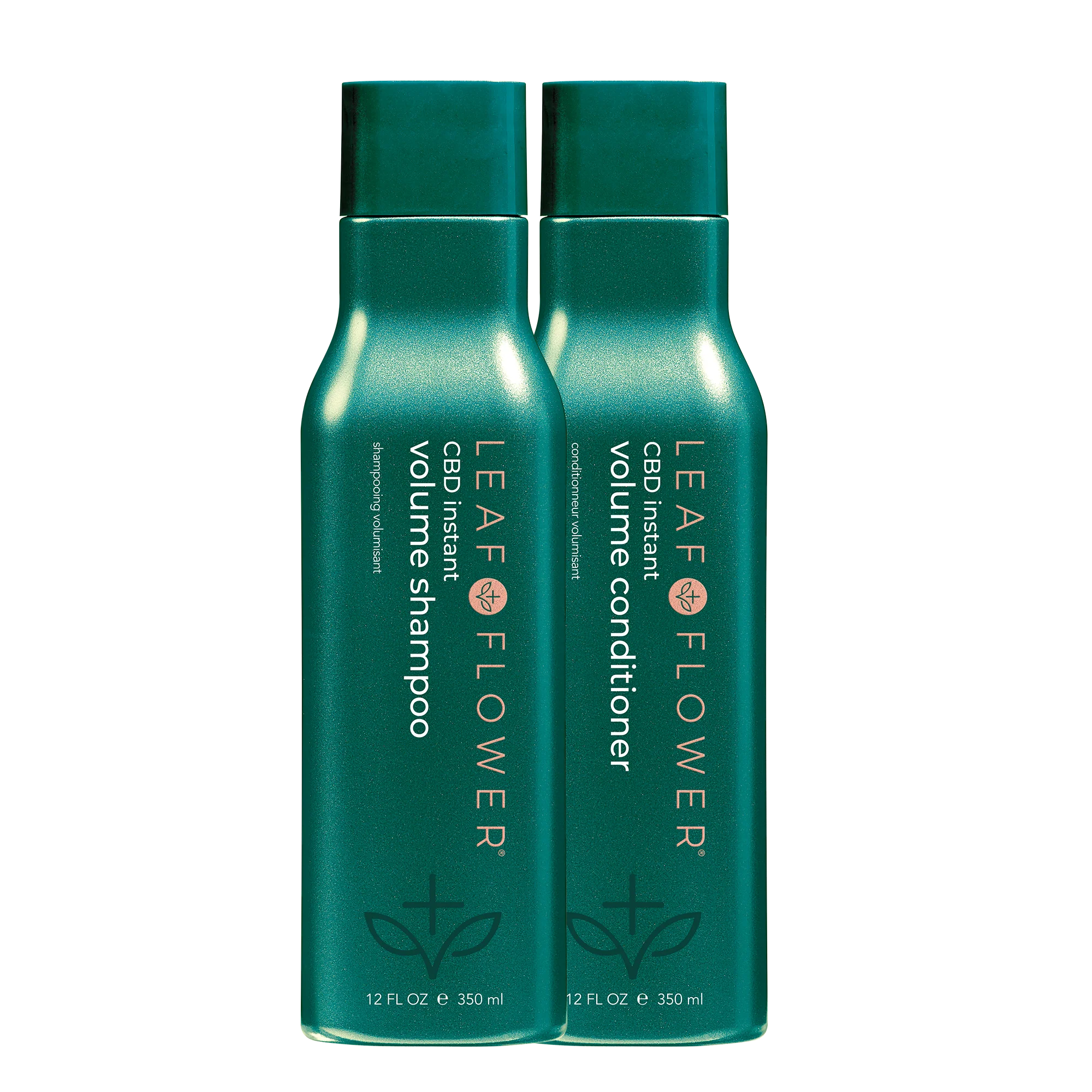 A bottle of Leaf and Flower Instant Volume Shampoo for fine hair and a bottle of Leaf and Flower Instant Volume Conditioner.