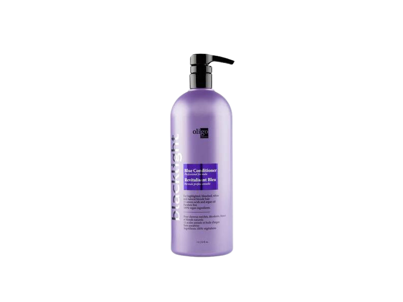 A bottle of purple hair shampoo for highlights on an Oligo Blacklight Blue Conditioner.