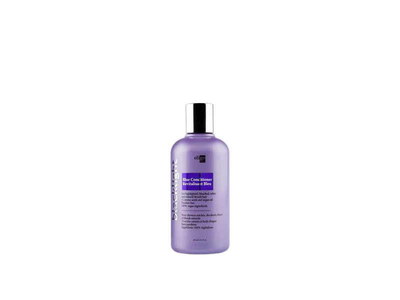 A bottle of purple shampoo for brassiness with Oligo Blacklight Blue Conditioner.