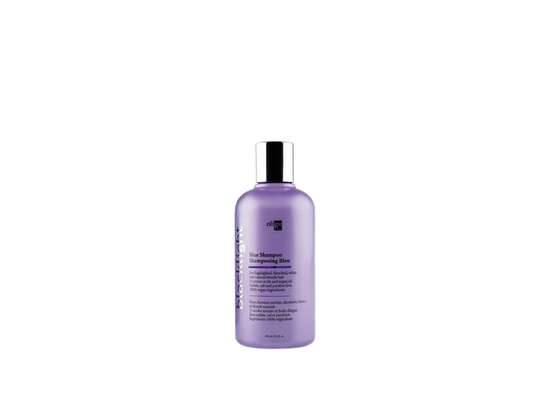 A bottle of Oligo Blacklight Blue Shampoo to counteract brassiness, suitable for highlighted hair.