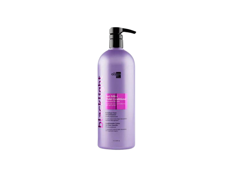 A bottle of Oligo Blacklight Violet Conditioner by Oligo, for blonde hair, with anti-yellow properties.