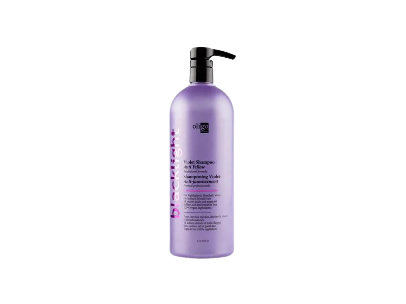 A bottle of Oligo Blacklight Violet Shampoo by Oligo, targeting yellow tones for blonde hair.