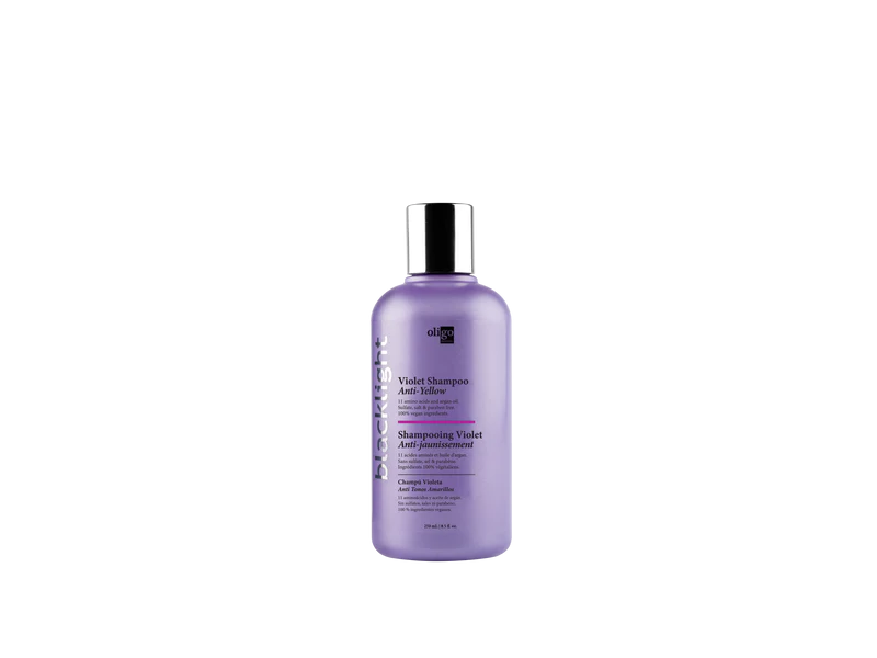 A bottle of Oligo Blacklight Violet Shampoo for blonde hair targeting yellow tones.