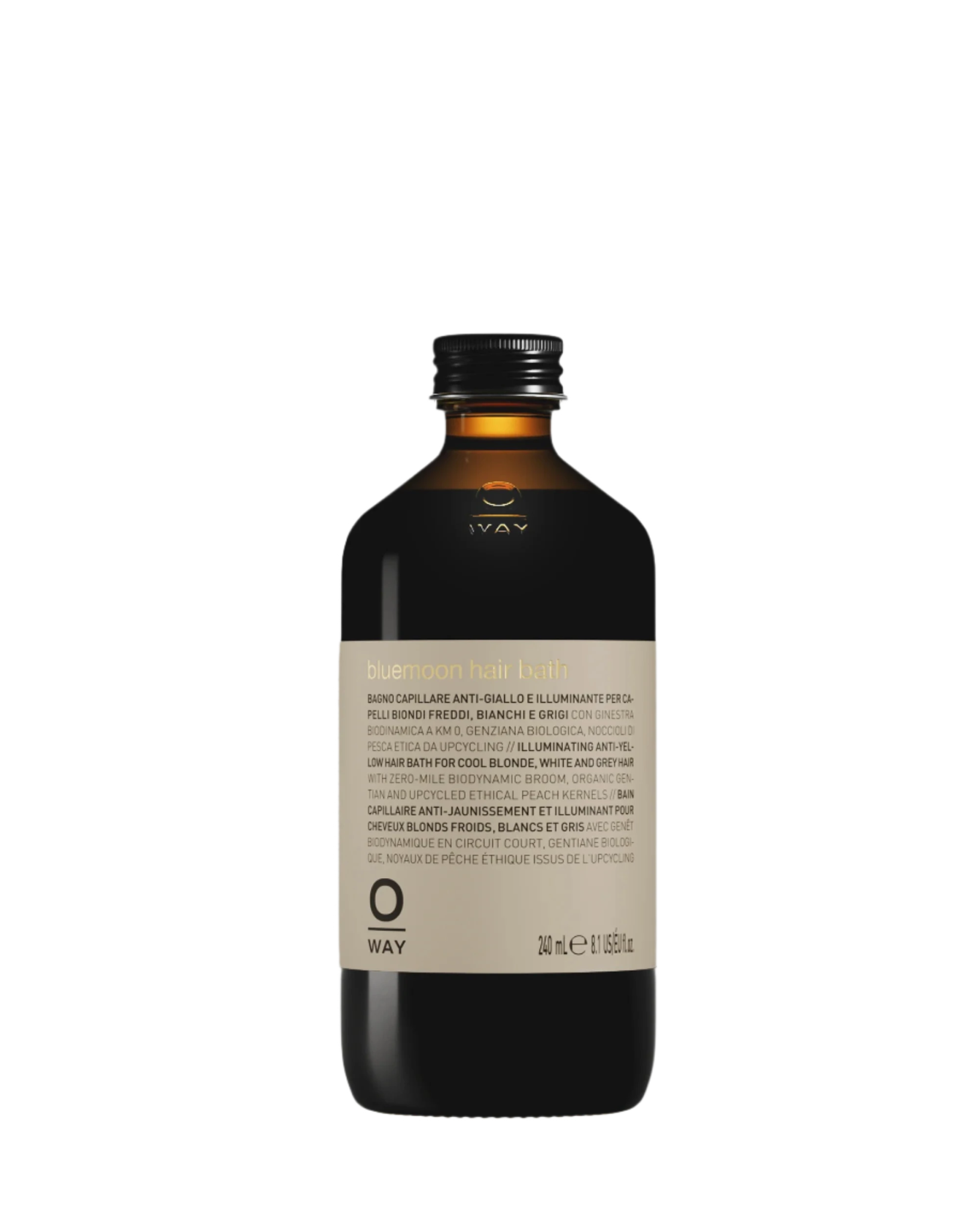 A 240 ml dark glass bottle with a gold cap labeled "Oway Bluemoon Hair Bath | Illuminating Anti-Yellow Shampoo for Cool Blonde, White & Grey Hair" by Oway, designed to neutralize brassiness. The label features text in multiple languages.