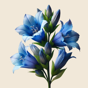 A cluster of blue bell-shaped flowers with green stems and leaves, set against a light beige background—echoing the illuminating effect of Oway Bluemoon Hair Bath, an anti-yellow shampoo for cool blonde, white & grey hair.