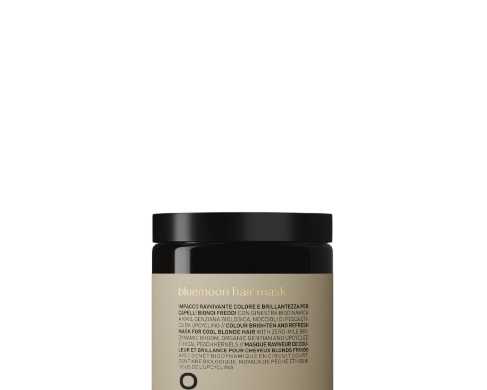Oway Bluemoon Hair Mask | Color-Enhancing Mask for Cool Blonde Hair by Oway comes in a 160 ml (5.65 fl oz) black jar with a beige label, neutralizing brassiness and restoring softness and shine to cool blonde tones.
