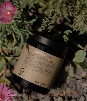 An Oway Bluemoon Hair Mask jar rests on rocky ground beside green plants and a pink flower. The label showcases the color-enhancing mask for cool blonde hair and features the Oway brand logo and multilingual product info.