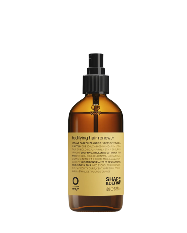 Oway Bodifying Hair Renewer Anti-Hair Fall Densifying Spray for Fine Hair comes in a brown glass bottle with a black pump and beige label, designed to add volume and strength to fine hair.