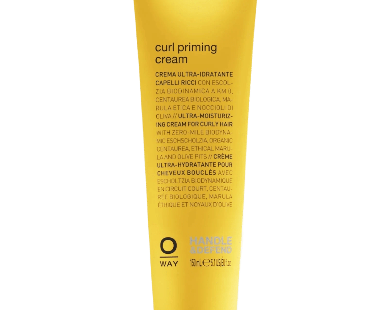 A yellow tube of Oway Curl Priming Cream, a moisture-rich curl primer with marula oil for frizz-free styling and curl definition, stands upright against a white background with black dotted patterns and multilingual text.