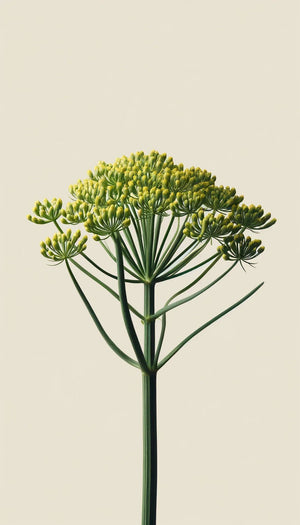 A single green stem with clusters of yellow-green buds, set against a light beige background—echoing the gentle beauty and deep moisture of Oway Curly Hair Mask, a definition and moisture mask for natural curls by Oway.